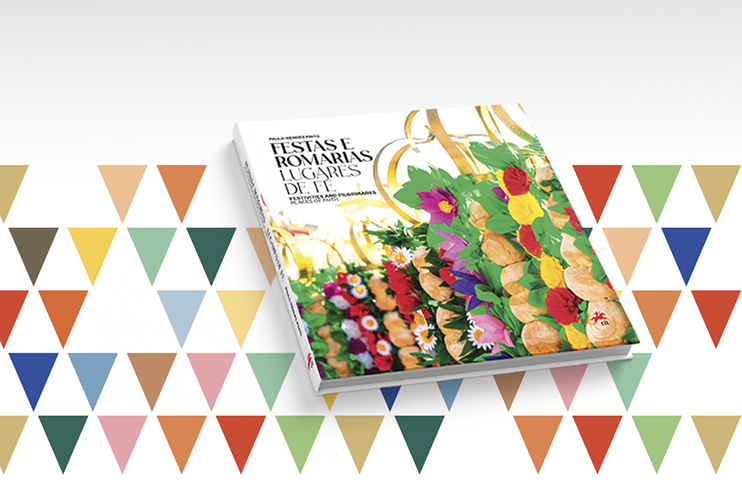 Livro “Festas e Romarias:  Lugares de Fé” que está sobre fundo com triângulos coloridos e decoração festiva.